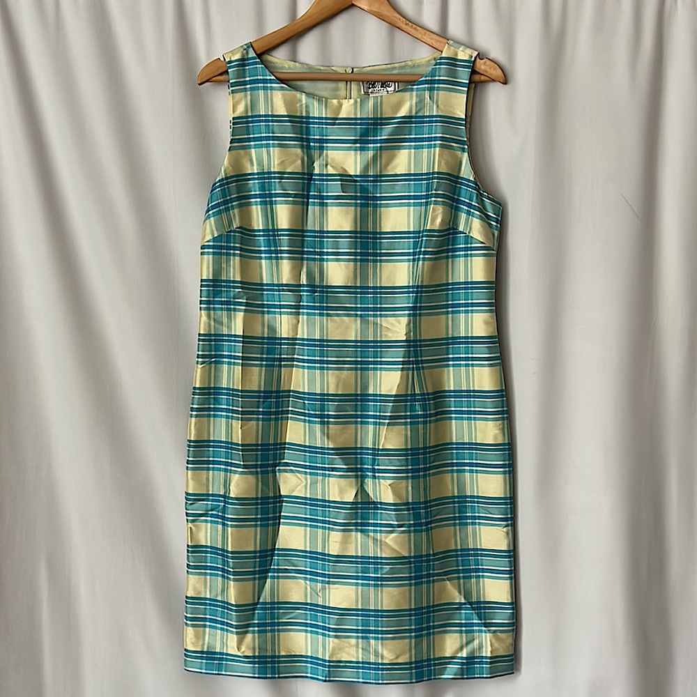 Bob Mackie Studio ๐ฏ% Silk Yellow/Blue Plaid Sleeveless Sheath Dress **Size 10** - Picture 1 of 3